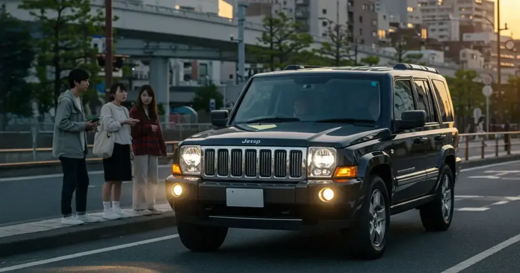 夕暮れ時の高層ビル群を背景にした都会的な道路で、ヘッドライトを点灯させたJeepコマンダー（ブラック）がこちらに向かってくるシーン。フロントデザインの精悍さと存在感を強調。フォトリアル、少しクールな雰囲気。