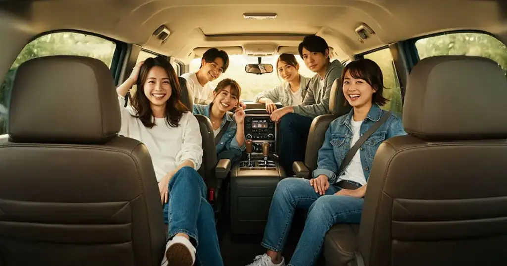 jeepコマンダーの車内に座る男女