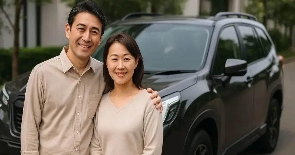 SUV車の前に立つ40代夫婦