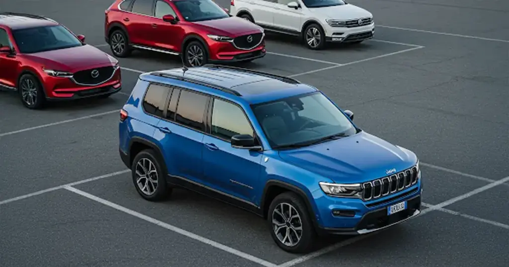 広大な駐車場に斜めに駐車されたJeepコマンダー（ブルー）。その両隣に少し離れてマツダCX-8（レッド）とVWティグアン Allspace（ホワイト）が駐車されている。コマンダーの存在感が際立つ写真